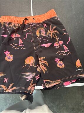 Hurley Black Swim Shorts with Orange and Pink Tropical Print